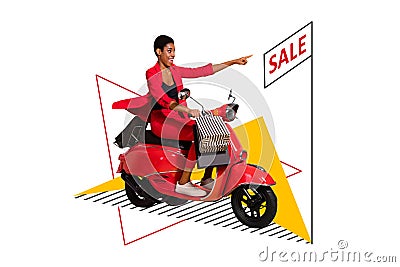 Banner collage of lady ride scooter index sale isolated on drawing white color background Stock Photo