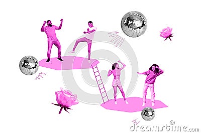 Banner collage picture image of energetic crazy people dancing freestyle hiphop enjoy weekend isolated on drawing Stock Photo