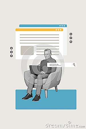 Banner collage sketch of retried man sitting home comfy chair use netbook search information isolated on drawing Stock Photo