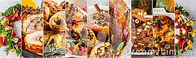 Banner collage of traditional christmas food. Christmas baked meat, snacks, desserts, rolls, baked apples Stock Photo