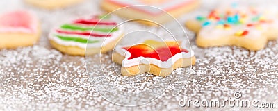 Banner, colorful cookies with frosting on icing sugar Stock Photo