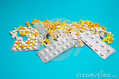 Banner of colorful pills, capsules. Prevention, cure of influenza, coronavirus Stock Photo