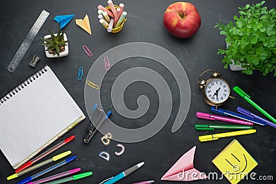 Banner concept Back to School Alarm clock, pencil Apple Notebook Stationery on blackboard background. Design Copy Space accessorie Stock Photo