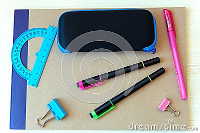 Banner concept Back to School, pencil, Notebook, eyeglass case, pencil case, accessorie. Top View Flat Lay Stock Photo