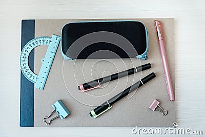Banner concept Back to School, pencil, Notebook, eyeglass case, pencil case, accessorie. Top View Flat Lay Stock Photo