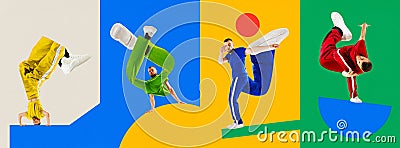 Banner. Contemporary art collage. Modern artwork. Set made of posters with talented cool man hip-hop dancer with huge Stock Photo