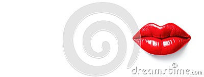 Banner of 3D realistic smiling glossy red lips on white. cosmetic, fashion, and romantic designs. Open mouth with teeth, lipstick Stock Photo