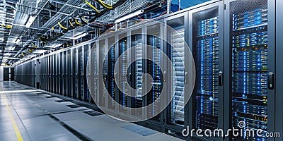 Banner with data center with multiple rows of operational server racks. Stock Photo