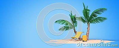 Banner with deckchair and suitcase on blue background Stock Photo