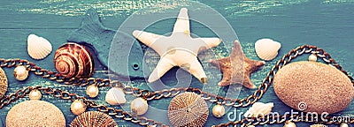 Banner Decorative arrangement of sea shells and stones Stock Photo