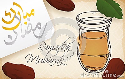 Arabic Tea, Spearmint Leaves and Dates for Iftar in Ramadan, Vector Illustration Vector Illustration