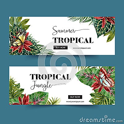 Banner design with classic tropical theme, creative butterfly with foliage vector illustration Cartoon Illustration