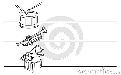 Banner design - continuous line drawing of business icons: drum with drumstick, trumpet and grand piano Stock Photo