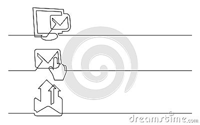 Banner design - continuous line drawing of business icons: email message, computer cursor, outgoing emails Vector Illustration