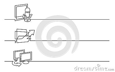 Banner design - continuous line drawing of business icons: news microphone, folder arrow, computer connections Vector Illustration