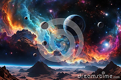 Banner Design Featuring a Panorama of a Distant Galaxy: Clusters of Diverse Planets, Myriad Stars, and Celestial Splendor Stock Photo