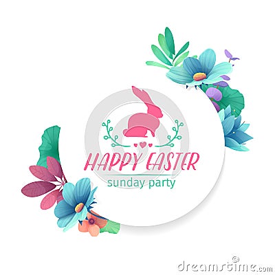 Banner design template with floral decoration for spring Easter. The round frame with the decor of plants, herb, leaves Vector Illustration