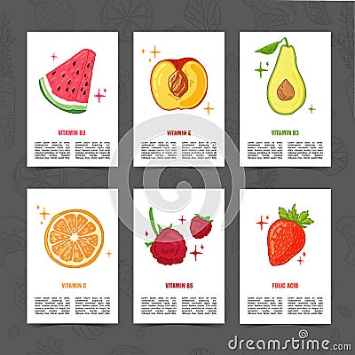 Banner design template with food decoration. Set card with the decor of healthy, juicy fruit. Menu template with space Vector Illustration