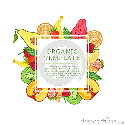 Banner design template with tropical fruit decoration. Square frame with the decor of healthy, juicy fruit. Card with Vector Illustration