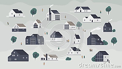 Banner with different houses in Scandic style or cottages of modern Scandinavian architecture and town dwellers Vector Illustration