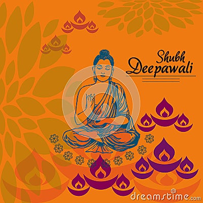 Banner for Diwali festival, Buddha around candles on orange back Vector Illustration