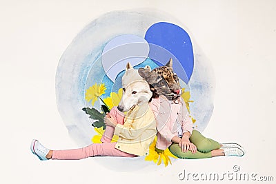 Banner drawn collage of two head wild animal wolf child speak another character leopard dialogue bubble clouds Stock Photo