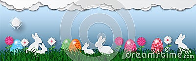 Banner of easter holiday background with eggs on green grass and white rabbit, vector illustration Vector Illustration