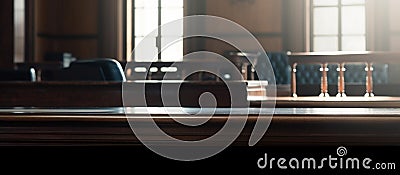 Banner with empty courtroom for design. Template with copy space. Generated AI Stock Photo