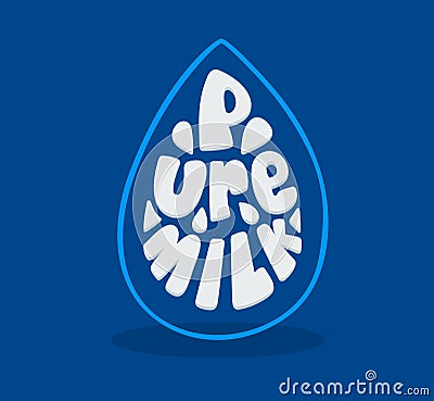 Banner with Falling Drop and Pure Milk Typography on Blue Background. Healthy Drinking Poster, Pictogram Vector Illustration