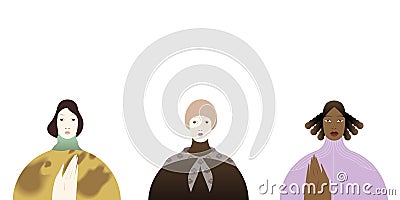 Banner of feminism. Profile womens of different hats . Female international movement. Vector Illustration