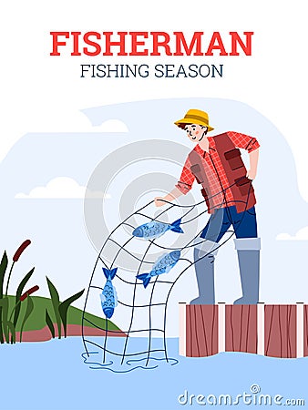 Banner for fishing season with fisherman character, flat vector illustration. Vector Illustration