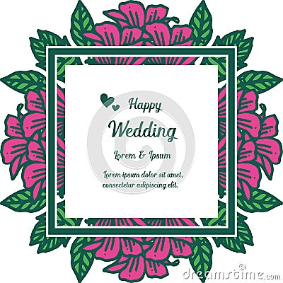 Banner frame, lettering of happy wedding, with crowd of cute flowers. Vector Vector Illustration