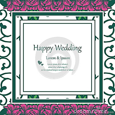 Banner frame, lettering of happy wedding, with crowd of cute flowers. Vector Vector Illustration