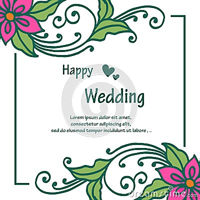 Banner frame, lettering of happy wedding, with crowd of cute flowers. Vector Vector Illustration