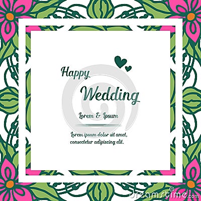 Banner frame, lettering of happy wedding, with crowd of cute flowers. Vector Vector Illustration