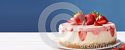 banner, fruit and berry pastries, strawberry cheesecake on a bright background, strawberry cake, place for text Stock Photo