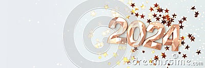 Banner with 2024 gold colored numbers and glowing stars confetti. Stock Photo
