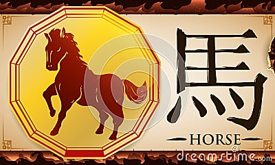 Scroll with Medal with Chinese Zodiac Horse over Fire Background, Vector Illustration Vector Illustration