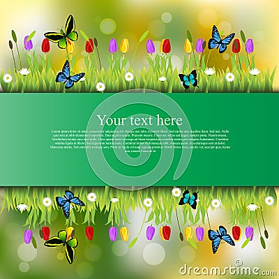 Banner with grass and flowers Vector Illustration