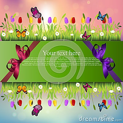 Banner with grass and flowers Vector Illustration