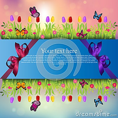 Banner with grass and flowers Vector Illustration