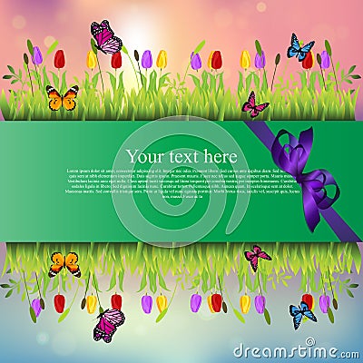 Banner with grass and flowers Vector Illustration