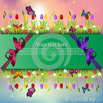 Banner with grass and flowers Vector Illustration