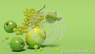 Banner with green fruits on a green background with free space for text. Composition of bunches of grapes, apples, mango and llime Stock Photo