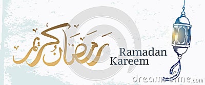 Banner greeting design of Ramadan Kareem with traditional lantern Islamic symbol hand drawn sketch and arabic calligraphy for Vector Illustration