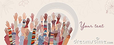 Banner group of hands up of diverse culture women. International Women’s day.Equal Stock Photo