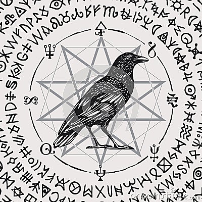 Banner with hand-drawn black Raven and magic signs Vector Illustration