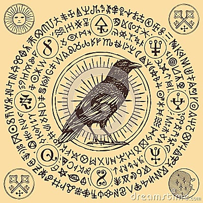 Banner with hand-drawn Raven and magical runes Vector Illustration