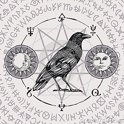 Banner with hand-drawn Raven and magical symbols Vector Illustration