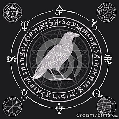 Banner with hand-drawn Raven and sorcery runes Vector Illustration